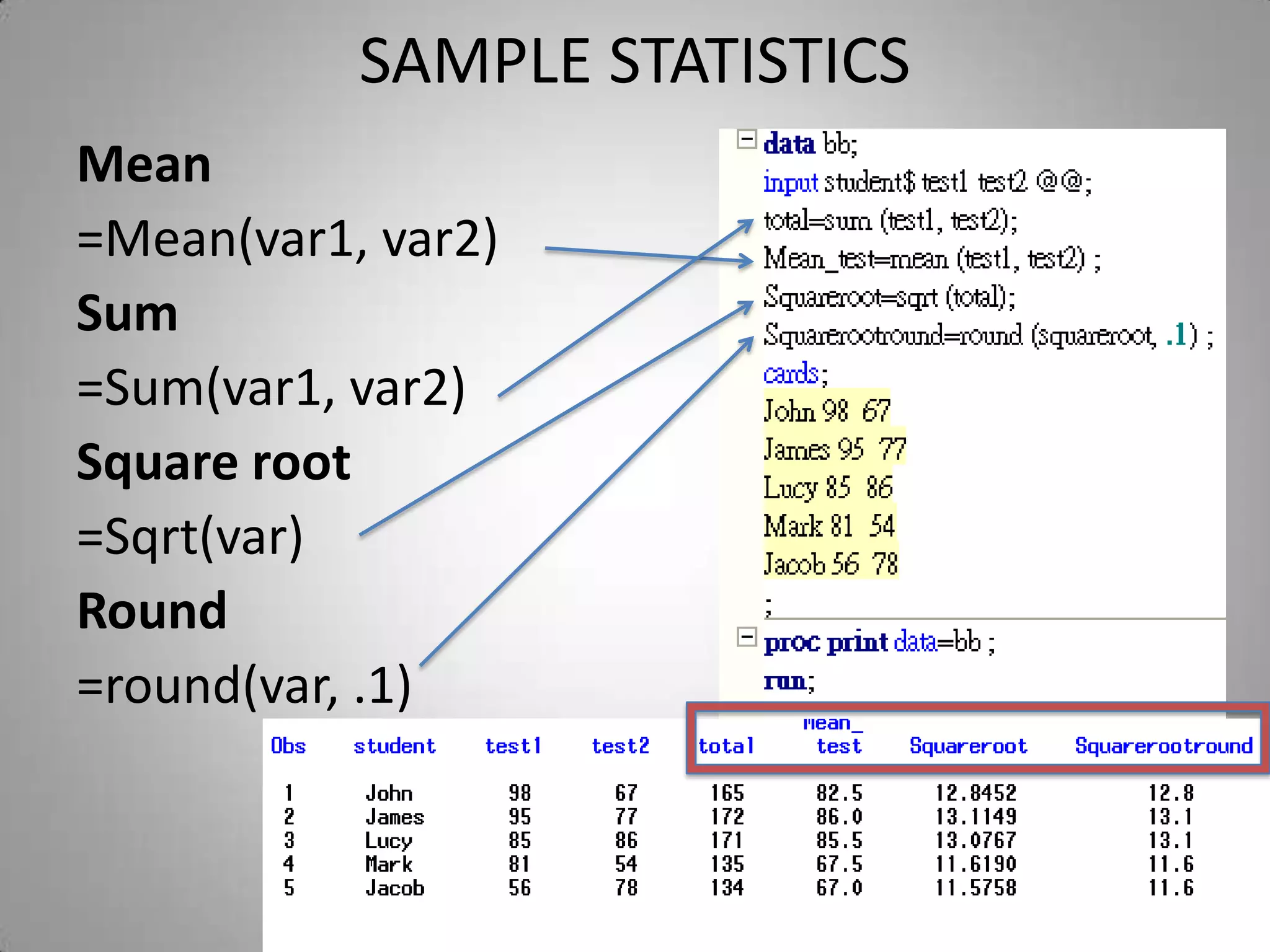 SAMPLE STATISTICS
Mean
=Mean(var1, var2)
Sum
=Sum(var1, var2)
Square root
=Sqrt(var)
Round
=round(var, .1)
 