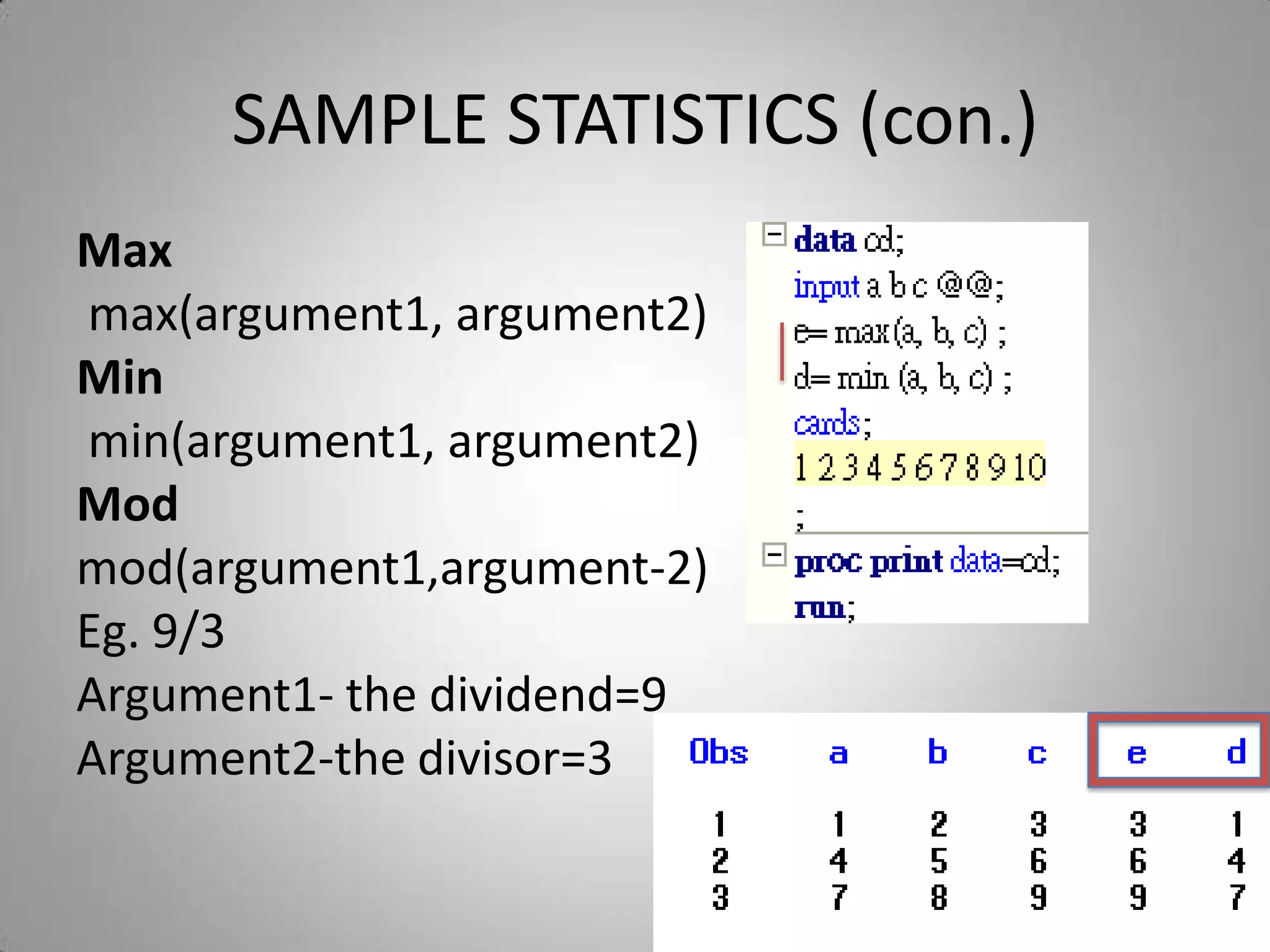 SAMPLE STATISTICS (con.)
Max
max(argument1, argument2)
Min
min(argument1, argument2)
Mod
mod(argument1,argument-2)
Eg. 9/3
Argument1- the dividend=9
Argument2-the divisor=3
 