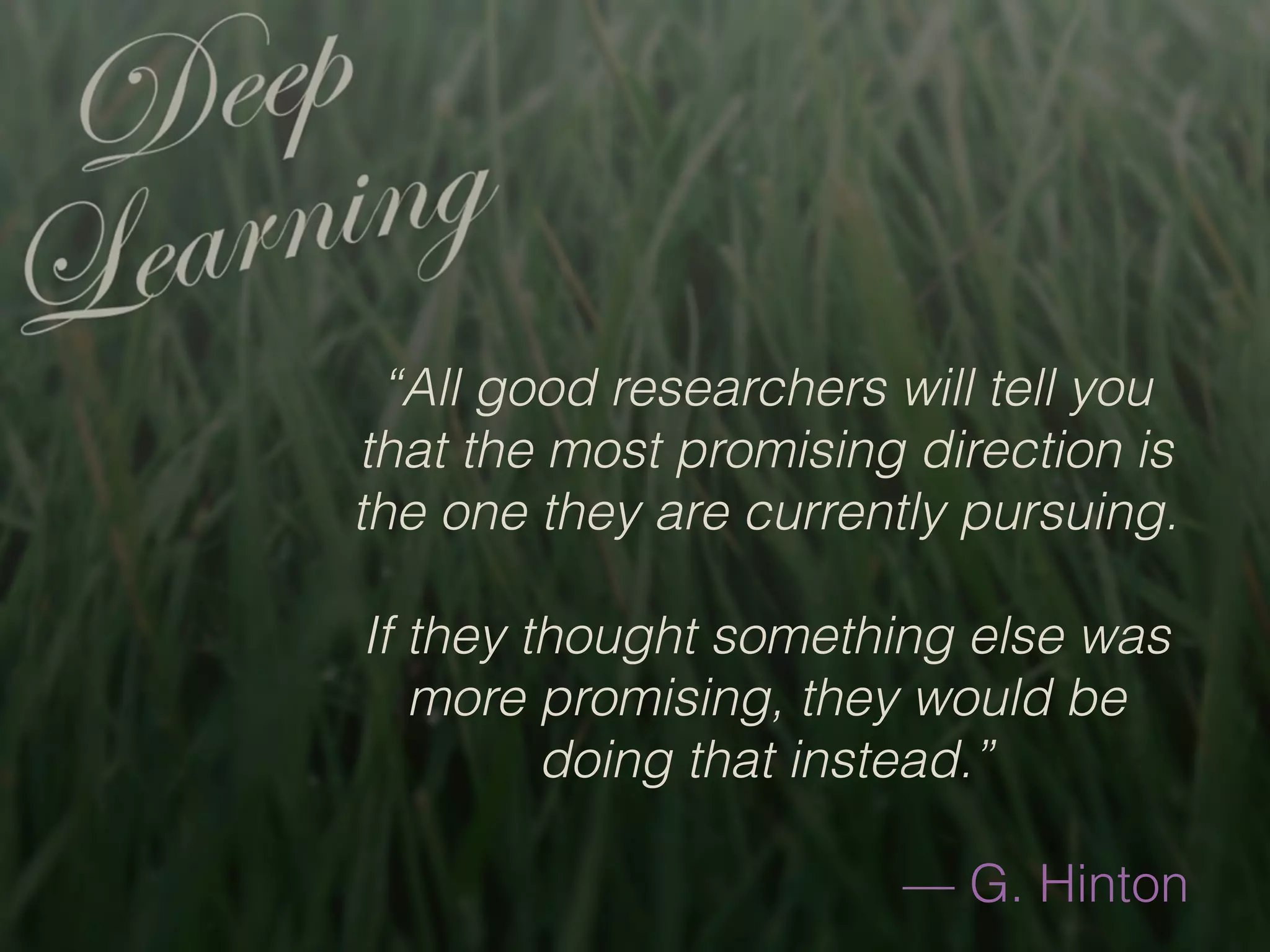 “All good researchers will tell you
that the most promising direction is
the one they are currently pursuing.
If they thought something else was
more promising, they would be
doing that instead.”
— G. Hinton
 