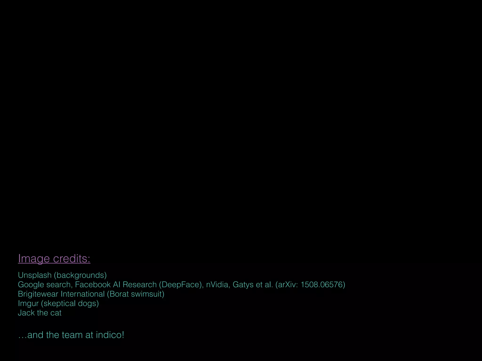 Image credits:
Unsplash (backgrounds)
Google search, Facebook AI Research (DeepFace), nVidia, Gatys et al. (arXiv: 1508.06576)
Brigitewear International (Borat swimsuit)
Imgur (skeptical dogs)
Jack the cat
…and the team at indico!
 