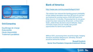 Bank of America
                                                                                                http://www.sas.com/success/bofagrid.html

                                                                                                The solution has reduced the banking group's probability
                                                                                                of loan default calculation time from 96 hours to just four
                                                                                                and reduced its scoring routine of 400,000 loans from
                                                                                                three hours to 10 minutes. Processing time for any given
                                                                                                project has been reduced by 90 percent, is three times
                                                                                                faster, yields timely decisions around defaults, helps
     Grid Computing                                                                             minimizes losses and can handle new growth
                                                                                                opportunities for bank's loan portfolio
     Equilibrage de charge
     Extensibilité
     Haute disponibilité
     Traitement parallélisé
                                                                                                Without SAS, processing times would be longer, hedging
                                                                                                decisions would be delayed and, ultimately, the bank
                                                                                                would be behind the market.”
                                                                                                                                      Russell Condrich
                                                                                                  Senior Vice President, Corporate Investment Group




C op yr i g h t © 2 0 1 2 , S A S I n s t i t u t e I n c . A l l r i g h t s r es er v e d .
 