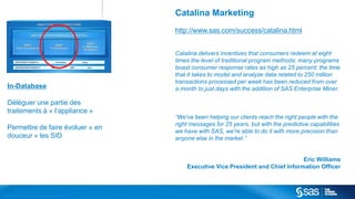 Catalina Marketing
                                                                                                http://www.sas.com/success/catalina.html


                                                                                                Catalina delivers incentives that consumers redeem at eight
                                                                                                times the level of traditional program methods; many programs
                                                                                                boast consumer response rates as high as 25 percent; the time
                                                                                                that it takes to model and analyze data related to 250 million
                                                                                                transactions processed per week has been reduced from over
     In-Database                                                                                a month to just days with the addition of SAS Enterprise Miner.

     Déléguer une partie des
     traitements à « l’appliance »
                                                                                                “We've been helping our clients reach the right people with the
                                                                                                right messages for 25 years, but with the predictive capabilities
     Permettre de faire évoluer « en
                                                                                                we have with SAS, we're able to do it with more precision than
     douceur » les SID                                                                          anyone else in the market.”


                                                                                                                                             Eric Williams
                                                                                                    Executive Vice President and Chief Information Officer



C op yr i g h t © 2 0 1 2 , S A S I n s t i t u t e I n c . A l l r i g h t s r es er v e d .
 