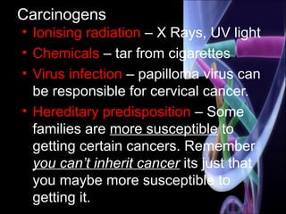 Carcinogens
• Ionising radiation – X Rays, UV light
• Chemicals – tar from cigarettes
• Virus infection – papilloma virus can
be responsible for cervical cancer.
• Hereditary predisposition – Some
families are more susceptible to
getting certain cancers. Remember
you can’t inherit cancer its just that
you maybe more susceptible to
getting it.
 