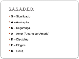 S.A.S.A.D.E.D.
 S – Significado
 A – Aceitação
 S – Segurança
 A – Amor (Amar e ser Amada)
 D – Disciplina
 E – Elogios
 D – Deus
 
