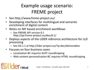 Sasaki – LLD Datathon – Cercedilla, Spain, May 2015
Example usage scenario:
FREME project
• See http://www.freme-project.eu/
• Developing interfaces for multilingual and semantic
enrichment of digital content
• Relies on NIF based enrichment workflows
– See FREME API version 0.1
http://api.freme-project.eu/doc/0.1/
• Deploys aspects of the LIDER reference architecture for LLD
processing
– See D3.1.1 at http://lider-project.eu/?q=doc/deliverables
• Focuses on four business cases
– Localization BC requires XLIFF roundtripping
– Web content personalisation BC requires HTML roundtripping
13
 