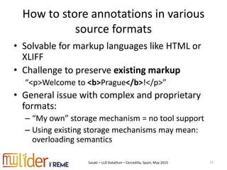 Sasaki – LLD Datathon – Cercedilla, Spain, May 2015
How to store annotations in various
source formats
• Solvable for markup languages like HTML or
XLIFF
• Challenge to preserve existing markup
“<p>Welcome to <b>Prague</b>!</p>”
• General issue with complex and proprietary
formats:
– “My own” storage mechanism = no tool support
– Using existing storage mechanisms may mean:
overloading semantics
15
 