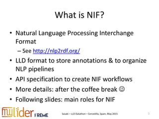 Sasaki – LLD Datathon – Cercedilla, Spain, May 2015
What is NIF?
• Natural Language Processing Interchange
Format
– See http://nlp2rdf.org/
• LLD format to store annotations & to organize
NLP pipelines
• API specification to create NIF workflows
• More details: after the coffee break 
• Following slides: main roles for NIF
2
 