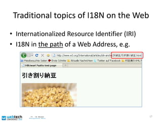Traditional topics of I18N on the WebInternationalized Resource Identifier (IRI)I18N in the path of a Web Address, e.g. 17