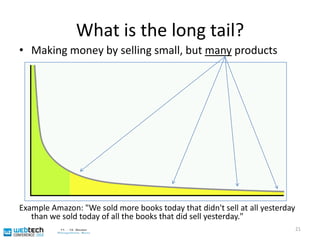 What is the long tail?Making money by selling small, but many productsExample Amazon: "We sold more books today that didn't sell at all yesterday than we sold today of all the books that did sell yesterday."21