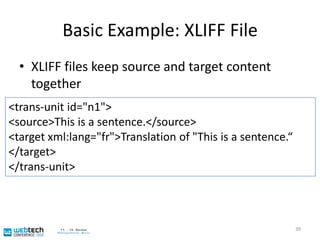 Metadata 1: XLIFFXML Localization Interchange File FormatOpen OASIS Standard for representation ofContent to be localizedMetadata about the localization process38