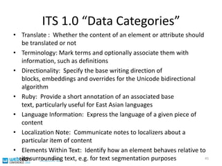 Two approaches for expressing the same information<para>	Press the 	<uitextits:translate="no">START</uitext>	button to sound the horn. The <uitextits:translate="no">MAKE-READY/ RUN</uitext>indicator flashes.</para>Local Approach<para>	Press the 	<uitext>START</uitext>	button to sound the horn. The <uitext>MAKE-READY/ RUN</uitext>	indicator flashes.</para>Global Approach<its:rules ... its:version="1.0"><its:translateRule selector="//uitext" translate="no"/></its:rules>44