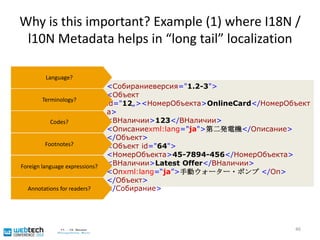ITS 1.0 “Data Categories”Translate :  Whether the content of an element or attribute should be translated or notTerminology: Mark terms and optionally associate them with information, such as definitionsDirectionality:  Specify the base writing direction of blocks, embeddings and overrides for the Unicode bidirectional algorithmRuby:  Provide a short annotation of an associated base text, particularly useful for East Asian languagesLanguage Information:  Express the language of a given piece of contentLocalization Note:  Communicate notes to localizers about a particular item of contentElements Within Text:  Identify how an element behaves relative to its surrounding text, e.g. for text segmentation purposes45