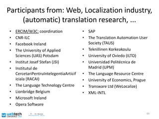 BackgroundParticipants from industry and academia (e.g. computational linguistics)Aim: Bridge the gaps between industries (and research areas) describedEducation about new developments (e.g. in the area of language tags, layout, web based localization) – like in this presentation More mutual understanding of users needs and what tools can doSupport via special purpose toolFirst example “I18n checker” http://rishida.net/tools/i18nchecker/59