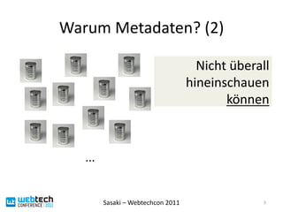 Warum	
  Metadaten?	
  (2)	
  

                                                        Nicht	
  überall	
  
                                                      hineinschauen	
  
                                                             können	
  



    ...	
  


              Sasaki	
  –	
  Webtechcon	
  2011	
                        5	
  
 
