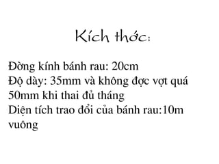 KÝch thíc:
§êng kÝnh b¸nh rau: 20cm
§é dµy: 35mm vµ kh«ng ®îc vît qu¸
50mm khi thai ®ñ th¸ng
DiÖn tÝch trao ®æi cña b¸nh rau:10m
vu«ng
 