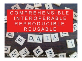 COMPREHENSIBLE
    INTEROPERABLE
    REPRODUCIBLE
       REUSABLE




http://www.flickr.com/photos/notbrucelee/8016189356/   CC BY
 