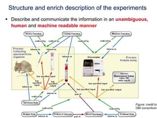 Structure and enrich description of the experiments
§  Describe and communicate the information in an unambiguous,
    human and machine readable manner




                                                         Figure: credit to
                                                         OBI consortium
 
