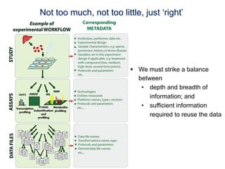 Not too much, not too little, just ‘right’




                          §  We must strike a balance
                              between
                               •  depth and breadth of
                                  information; and
                               •  sufficient information
                                  required to reuse the data
 