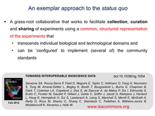 An exemplar approach to the status quo

§  A grass-root collaborative that works to facilitate collection, curation
   and sharing of experiments using a common, structured representation
   of the experiments that
    •  transcends individual biological and technological domains and
    •  can be ‘configured’ to implement (several of) the community
        standards



              TOWARDS INTEROPERABLE BIOSCIENCE DATA                            doi:10.1038/ng.1054

              Sansone SA, Rocca-Serra P, Field D, Maguire E, Taylor C, Hofmann O, Fang H, Neumann
              S, Tong W, Amaral-Zettler L, Begley K, Booth T, Bougueleret L, Burns G, Chapman B,
              Clark T, Coleman LA, Copeland J, Das S, de Daruvar A, de Matos P, Dix I, Edmunds S,
              Evelo C, Forster M, Gaudet P, Gilbert J, Goble C, Griffin J, Jacob D, Kleinjans J, Harland
              L, Haug K, Hermjakob H, Sui S, Laederach A, Liang S, Marshall S, Merrill E, McGrath A,
 Feb 2012
              Reilly D, Roux M, Shamu C, Shang C, Steinbeck C, Trefethen A, Williams-Jones B,
www.biosharing.org                                                   www.isacommons.org
              Wolstencroft K, Xenarios J, Hide W.
                                                            www.isacommons.org
 