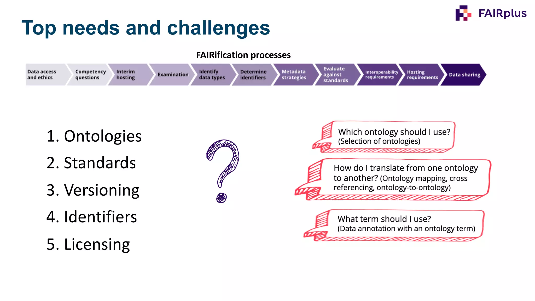 1. Ontologies
2. Standards
3. Versioning
4. Identifiers
5. Licensing
Top needs and challenges
FAIRification processes
 