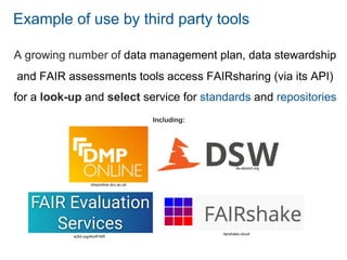 A growing number of data management plan, data stewardship
and FAIR assessments tools access FAIRsharing (via its API)
for a look-up and select service for standards and repositories
Example of use by third party tools
ds-wizard.org
dmponline.dcc.ac.uk
w3id.org/AmIFAIR
fairshake.cloud
Including:
 