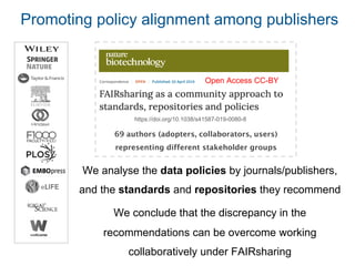 https://doi.org/10.1038/s41587-019-0080-8
Open Access CC-BY
69 authors (adopters, collaborators, users)
representing different stakeholder groups
We analyse the data policies by journals/publishers,
and the standards and repositories they recommend
We conclude that the discrepancy in the
recommendations can be overcome working
collaboratively under FAIRsharing
Promoting policy alignment among publishers
 