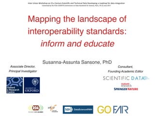 Mapping the landscape of
interoperability standards:
inform and educate
Susanna-Assunta Sansone, PhD
Consultant,
Founding Academic Editor
Associate Director,
Principal Investigator
Inter-Union	Workshop	on	21st	Century	Scientific	and	Technical	Data	Developing	a	roadmap	for	data	integration	
Convened	by	the	ICSU-CODATA	Commission	on	Data	Standards	for	Science,	Paris,	19-21	June	2017	
 