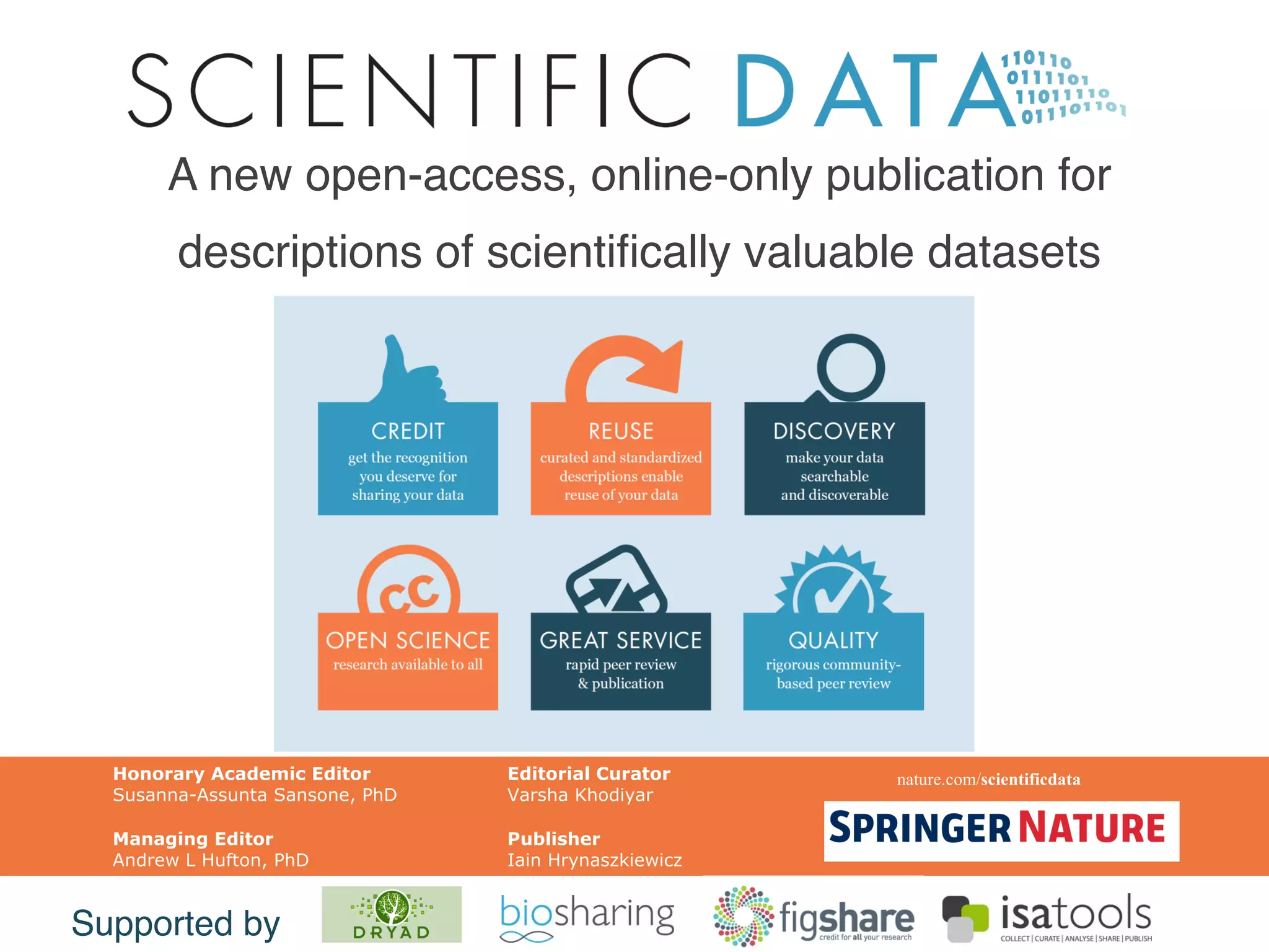 nature.com/scientificdataHonorary Academic Editor
Susanna-Assunta Sansone, PhD
Managing Editor
Andrew L Hufton, PhD
Editorial Curator
Varsha Khodiyar
Publisher
Iain Hrynaszkiewicz
A new open-access, online-only publication for
descriptions of scientifically valuable datasets
Supported by
 