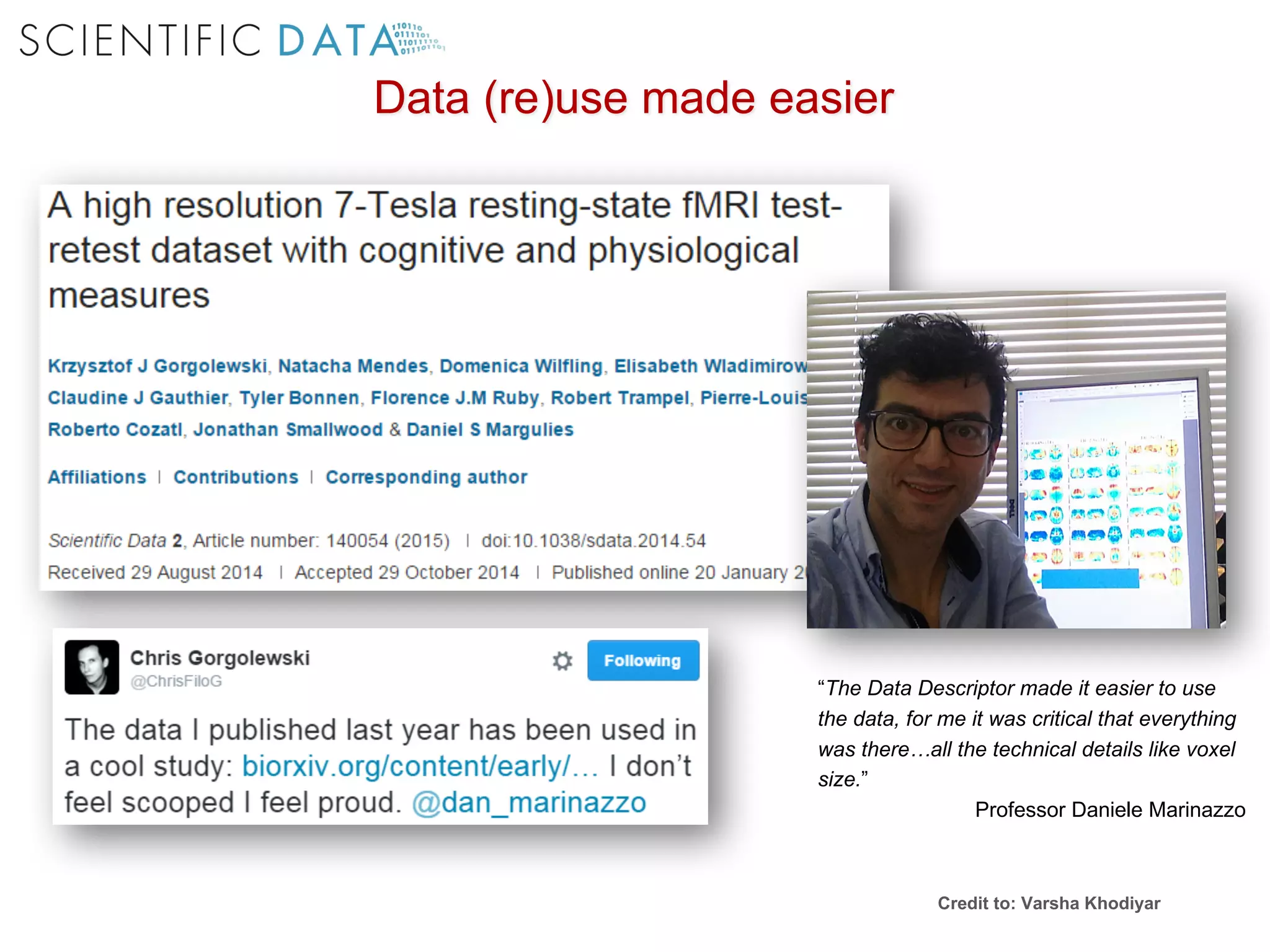 “The Data Descriptor made it easier to use
the data, for me it was critical that everything
was there…all the technical details like voxel
size.”
Professor Daniele Marinazzo
Credit to: Varsha Khodiyar
Data (re)use made easier
 