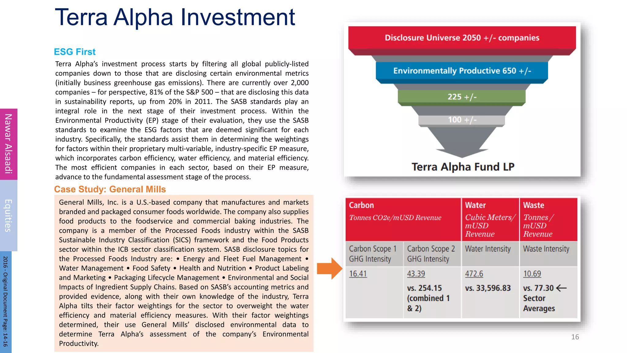 ESG First
Terra Alpha Investment
Terra Alpha’s investment process starts by filtering all global publicly-listed
companies down to those that are disclosing certain environmental metrics
(initially business greenhouse gas emissions). There are currently over 2,000
companies – for perspective, 81% of the S&P 500 – that are disclosing this data
in sustainability reports, up from 20% in 2011. The SASB standards play an
integral role in the next stage of their investment process. Within the
Environmental Productivity (EP) stage of their evaluation, they use the SASB
standards to examine the ESG factors that are deemed significant for each
industry. Specifically, the standards assist them in determining the weightings
for factors within their proprietary multi-variable, industry-specific EP measure,
which incorporates carbon efficiency, water efficiency, and material efficiency.
The most efficient companies in each sector, based on their EP measure,
advance to the fundamental assessment stage of the process.
16
Nawar
Alsaadi
Equities
2016
-
Original
Document
Page:
14-16
Case Study: General Mills
General Mills, Inc. is a U.S.-based company that manufactures and markets
branded and packaged consumer foods worldwide. The company also supplies
food products to the foodservice and commercial baking industries. The
company is a member of the Processed Foods industry within the SASB
Sustainable Industry Classification (SICS) framework and the Food Products
sector within the ICB sector classification system. SASB disclosure topics for
the Processed Foods Industry are: • Energy and Fleet Fuel Management •
Water Management • Food Safety • Health and Nutrition • Product Labeling
and Marketing • Packaging Lifecycle Management • Environmental and Social
Impacts of Ingredient Supply Chains. Based on SASB’s accounting metrics and
provided evidence, along with their own knowledge of the industry, Terra
Alpha tilts their factor weightings for the sector to overweight the water
efficiency and material efficiency measures. With their factor weightings
determined, their use General Mills’ disclosed environmental data to
determine Terra Alpha’s assessment of the company’s Environmental
Productivity.
 