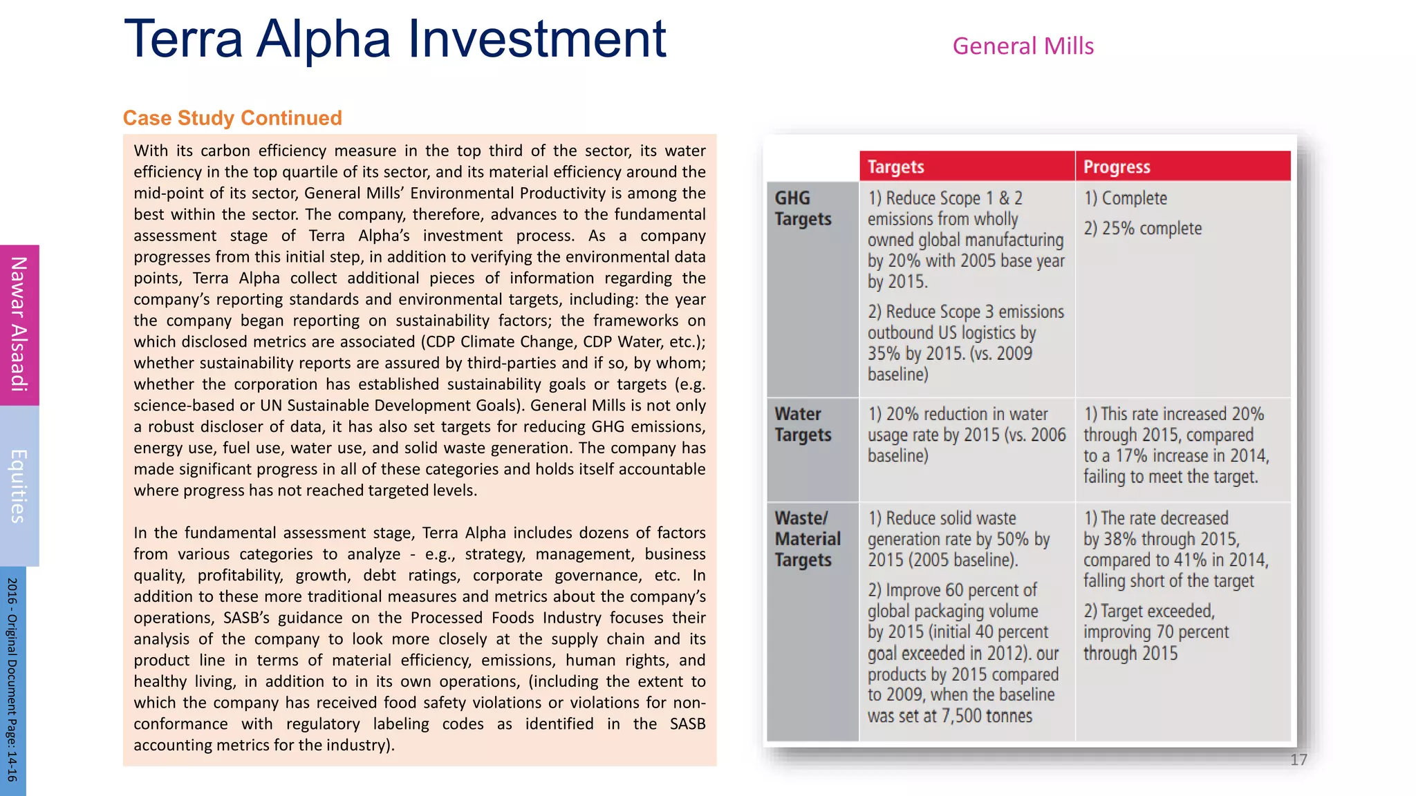 Case Study Continued
Terra Alpha Investment
With its carbon efficiency measure in the top third of the sector, its water
efficiency in the top quartile of its sector, and its material efficiency around the
mid-point of its sector, General Mills’ Environmental Productivity is among the
best within the sector. The company, therefore, advances to the fundamental
assessment stage of Terra Alpha’s investment process. As a company
progresses from this initial step, in addition to verifying the environmental data
points, Terra Alpha collect additional pieces of information regarding the
company’s reporting standards and environmental targets, including: the year
the company began reporting on sustainability factors; the frameworks on
which disclosed metrics are associated (CDP Climate Change, CDP Water, etc.);
whether sustainability reports are assured by third-parties and if so, by whom;
whether the corporation has established sustainability goals or targets (e.g.
science-based or UN Sustainable Development Goals). General Mills is not only
a robust discloser of data, it has also set targets for reducing GHG emissions,
energy use, fuel use, water use, and solid waste generation. The company has
made significant progress in all of these categories and holds itself accountable
where progress has not reached targeted levels.
In the fundamental assessment stage, Terra Alpha includes dozens of factors
from various categories to analyze - e.g., strategy, management, business
quality, profitability, growth, debt ratings, corporate governance, etc. In
addition to these more traditional measures and metrics about the company’s
operations, SASB’s guidance on the Processed Foods Industry focuses their
analysis of the company to look more closely at the supply chain and its
product line in terms of material efficiency, emissions, human rights, and
healthy living, in addition to in its own operations, (including the extent to
which the company has received food safety violations or violations for non-
conformance with regulatory labeling codes as identified in the SASB
accounting metrics for the industry).
17
Nawar
Alsaadi
Equities
2016
-
Original
Document
Page:
14-16
General Mills
 