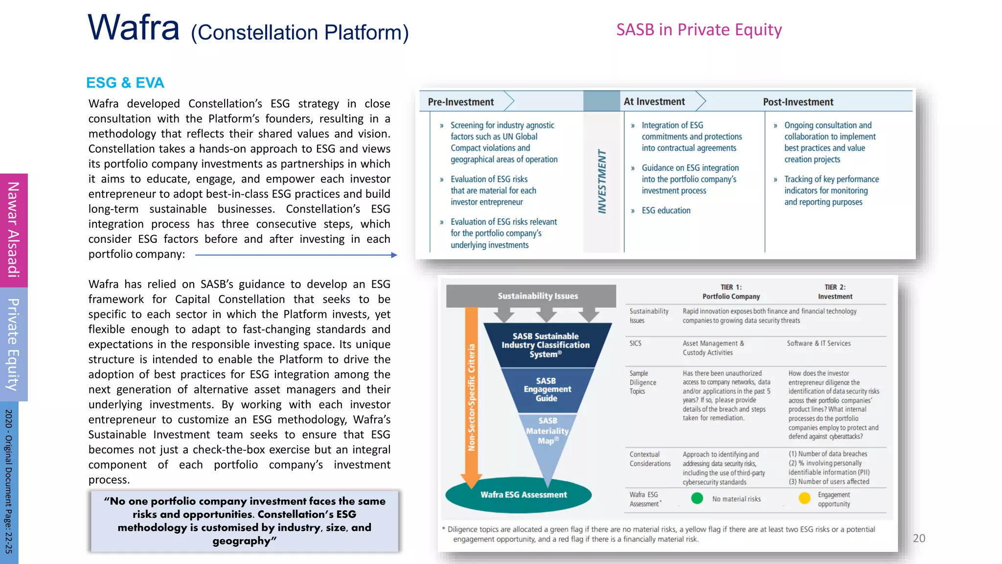 ESG & EVA
Wafra (Constellation Platform)
Wafra developed Constellation’s ESG strategy in close
consultation with the Platform’s founders, resulting in a
methodology that reflects their shared values and vision.
Constellation takes a hands-on approach to ESG and views
its portfolio company investments as partnerships in which
it aims to educate, engage, and empower each investor
entrepreneur to adopt best-in-class ESG practices and build
long-term sustainable businesses. Constellation’s ESG
integration process has three consecutive steps, which
consider ESG factors before and after investing in each
portfolio company:
Wafra has relied on SASB’s guidance to develop an ESG
framework for Capital Constellation that seeks to be
specific to each sector in which the Platform invests, yet
flexible enough to adapt to fast-changing standards and
expectations in the responsible investing space. Its unique
structure is intended to enable the Platform to drive the
adoption of best practices for ESG integration among the
next generation of alternative asset managers and their
underlying investments. By working with each investor
entrepreneur to customize an ESG methodology, Wafra’s
Sustainable Investment team seeks to ensure that ESG
becomes not just a check-the-box exercise but an integral
component of each portfolio company’s investment
process.
20
Nawar
Alsaadi
Private
Equity
2020
-
Original
Document
Page:
22-25
SASB in Private Equity
“No one portfolio company investment faces the same
risks and opportunities. Constellation’s ESG
methodology is customised by industry, size, and
geography”
 
