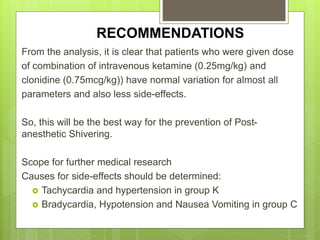 RECOMMENDATIONS 
From the analysis, it is clear that patients who were given dose 
of combination of intravenous ketamine (0.25mg/kg) and 
clonidine (0.75mcg/kg)) have normal variation for almost all 
parameters and also less side-effects. 
So, this will be the best way for the prevention of Post-anesthetic 
Shivering. 
Scope for further medical research 
Causes for side-effects should be determined: 
 Tachycardia and hypertension in group K 
 Bradycardia, Hypotension and Nausea Vomiting in group C 
 