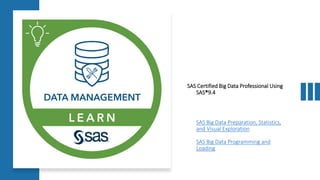 SAS Certified Big Data Professional Using
SAS®9.4
SAS Big Data Preparation, Statistics,
and Visual Exploration
SAS Big Data Programming and
Loading
 