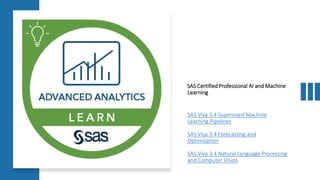 SAS Certified Professional AI and Machine
Learning
SAS Viya 3.4 Supervised Machine
Learning Pipelines
SAS Viya 3.4 Forecasting and
Optimization
SAS Viya 3.4 Natural Language Processing
and Computer Vision
 