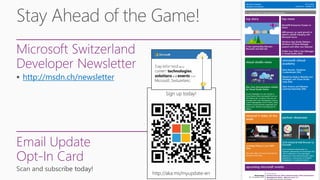 Microsoft Switzerland
Developer Newsletter
http://msdn.ch/newsletter
Email Update
Opt-In Card
 