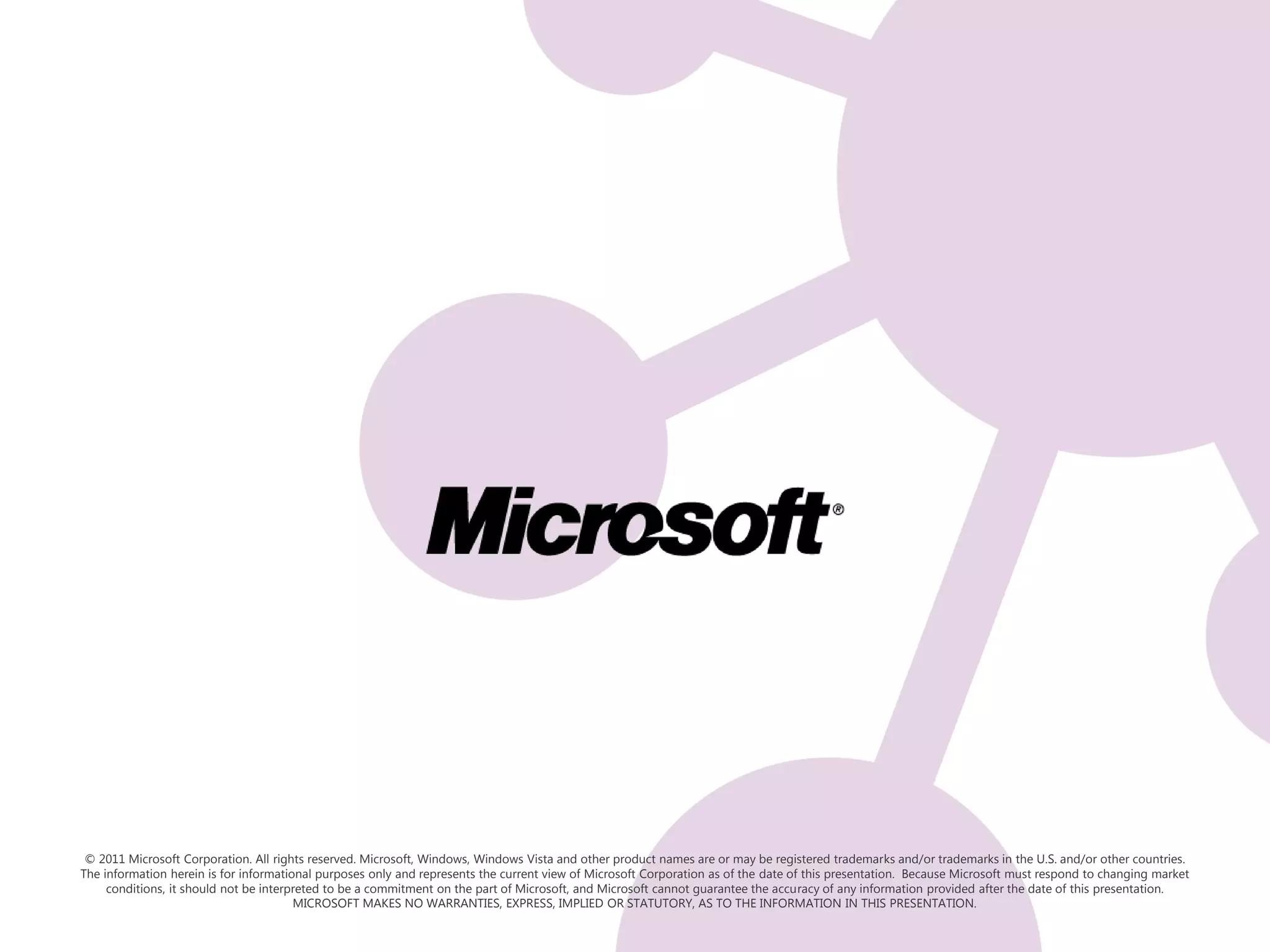 © 2011 Microsoft Corporation. All rights reserved. Microsoft, Windows, Windows Vista and other product names are or may be registered trademarks and/or trademarks in the U.S. and/or other countries.
The information herein is for informational purposes only and represents the current view of Microsoft Corporation as of the date of this presentation. Because Microsoft must respond to changing market
     conditions, it should not be interpreted to be a commitment on the part of Microsoft, and Microsoft cannot guarantee the accuracy of any information provided after the date of this presentation.
                                        MICROSOFT MAKES NO WARRANTIES, EXPRESS, IMPLIED OR STATUTORY, AS TO THE INFORMATION IN THIS PRESENTATION.
 