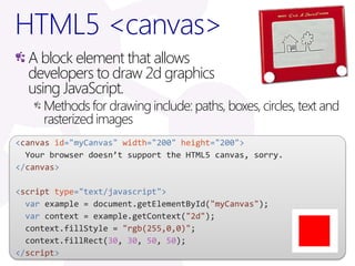 HTML5 <canvas>
  A block element that allows
  developers to draw 2d graphics
  using JavaScript.
     Methods for drawing include: paths, boxes, circles, text and
     rasterized images
<canvas id="myCanvas" width="200" height="200">
  Your browser doesn’t support the HTML5 canvas, sorry.
</canvas>

<script type="text/javascript">
  var example = document.getElementById("myCanvas");
  var context = example.getContext("2d");
  context.fillStyle = "rgb(255,0,0)";
  context.fillRect(30, 30, 50, 50);
</script>
 