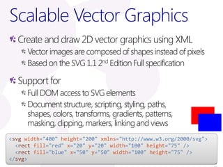 Scalable Vector Graphics
  Create and draw 2D vector graphics using XML
      Vector images are composed of shapes instead of pixels
      Based on the SVG 1.1 2nd Edition Full specification

  Support for
      Full DOM access to SVG elements
      Document structure, scripting, styling, paths,
      shapes, colors, transforms, gradients, patterns,
      masking, clipping, markers, linking and views
<svg width="400" height="200" xmlns="http://www.w3.org/2000/svg">
  <rect fill="red" x="20" y="20" width="100" height="75" />
  <rect fill="blue" x="50" y="50" width="100" height="75" />
</svg>
                                                                    1
 