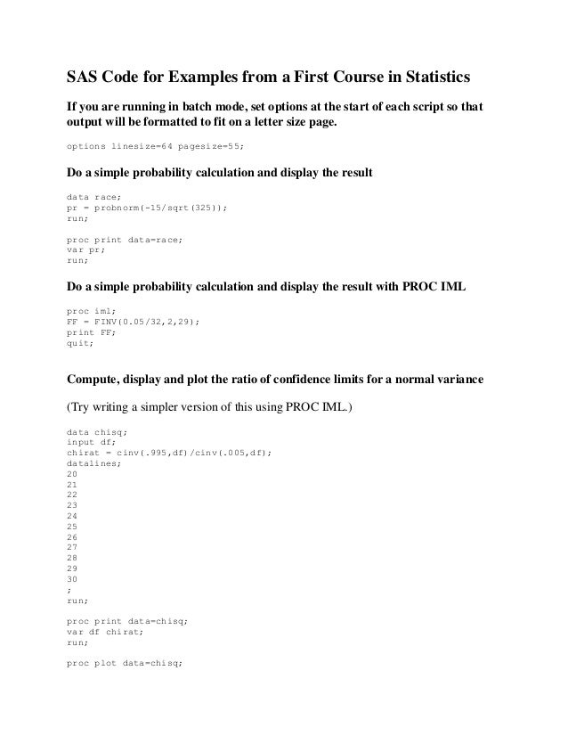 Sas code for examples from a first course in statistics
