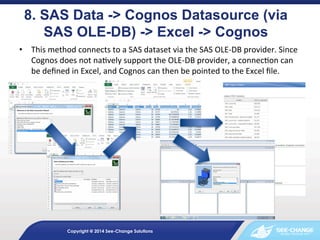 8. SAS Data -> Cognos Datasource (via
SAS OLE-DB) -> Excel -> Cognos	
  
•  This	
  method	
  connects	
  to	
  a	
  SAS	
  dataset	
  via	
  the	
  SAS	
  OLE-­‐DB	
  provider.	
  Since	
  
	
  
Cognos	
  does	
  not	
  na&vely	
  support	
  the	
  OLE-­‐DB	
  provider,	
  a	
  connec&on	
  can	
  
be	
  deﬁned	
  in	
  Excel,	
  and	
  Cognos	
  can	
  then	
  be	
  pointed	
  to	
  the	
  Excel	
  ﬁle.	
  

	
  

Copyright @ 2014 See-Change Solutions

 