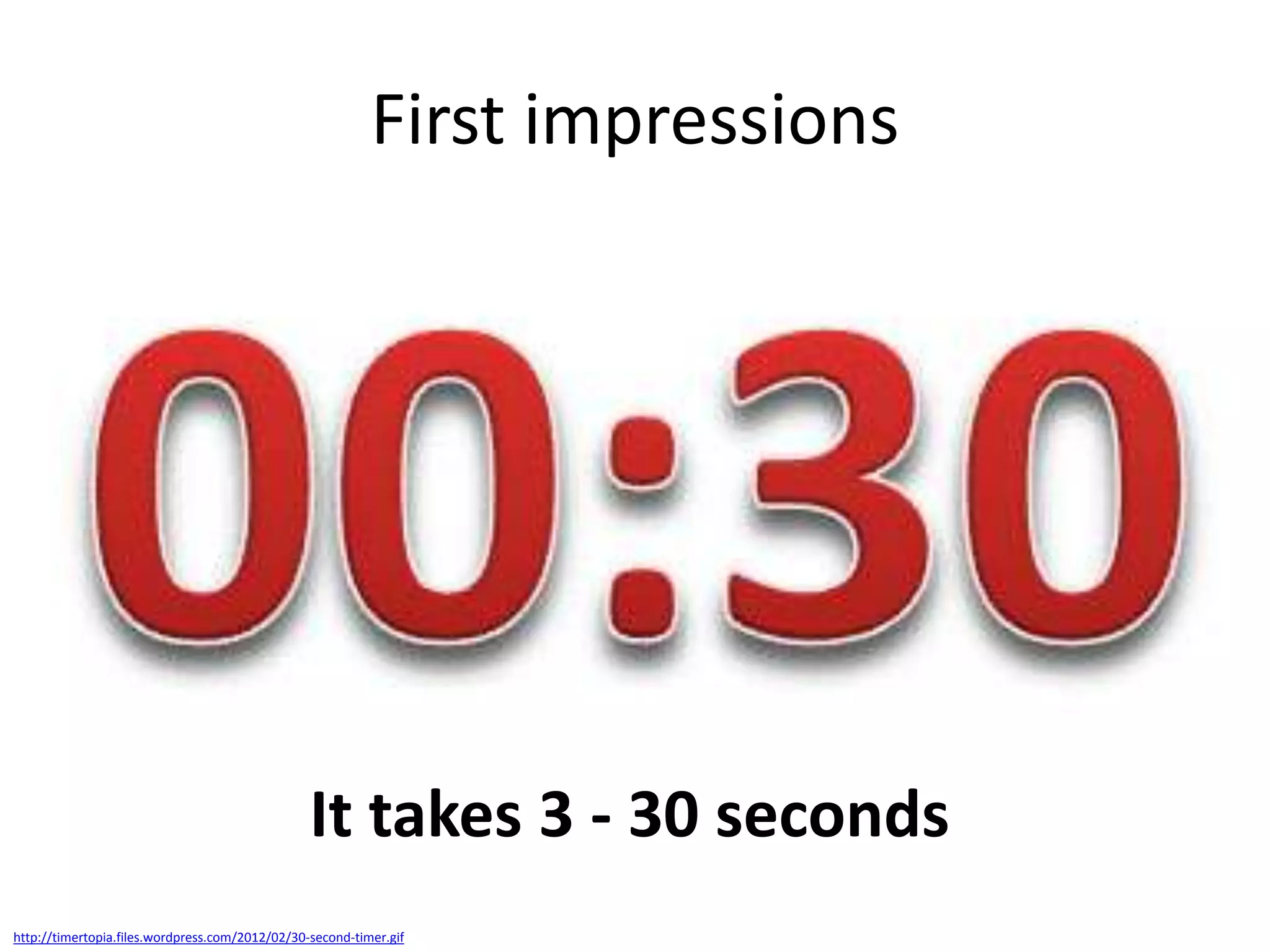 First impressions

It takes 3 - 30 seconds
http://timertopia.files.wordpress.com/2012/02/30-second-timer.gif

 