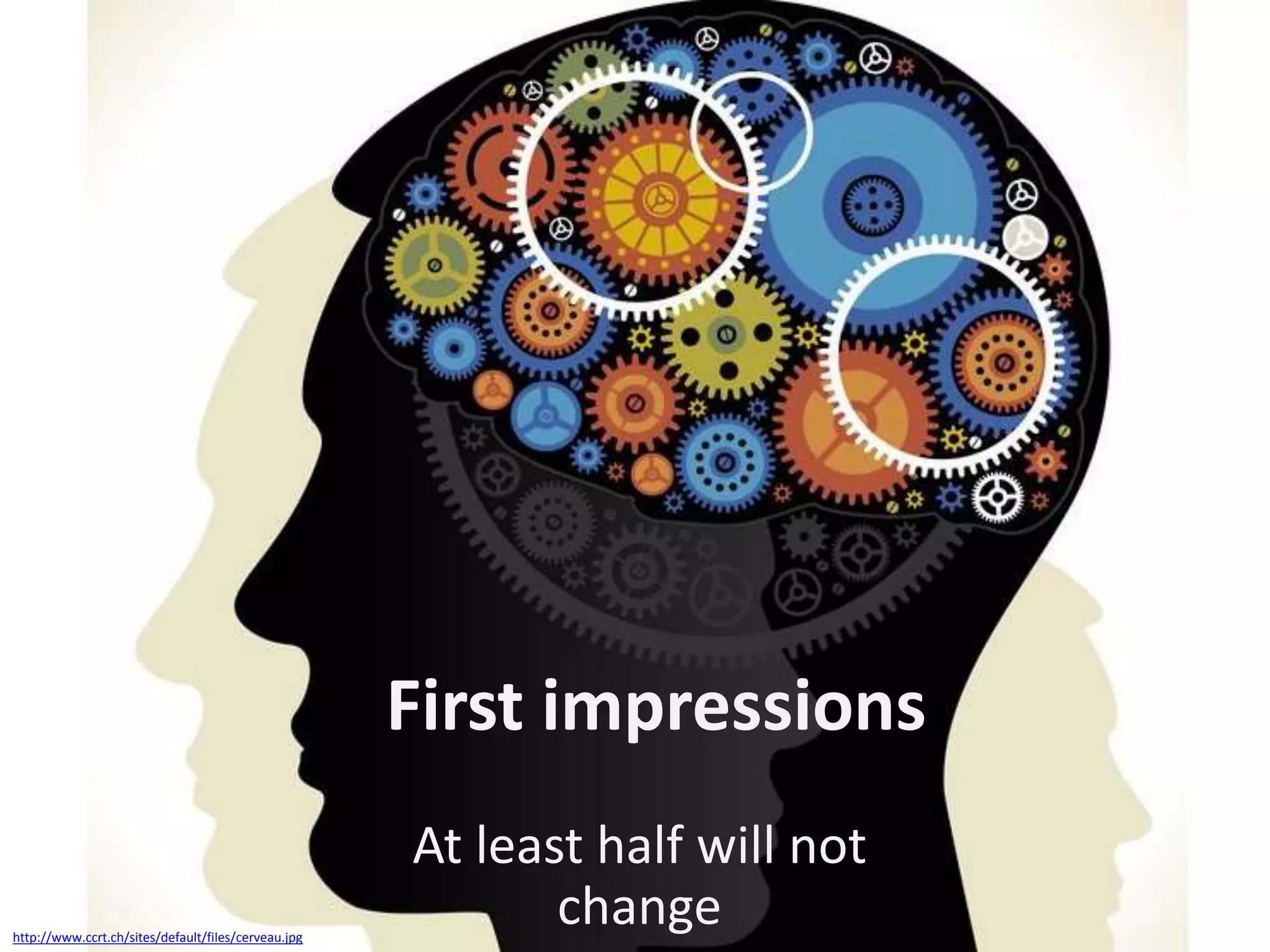 First impressions
http://www.ccrt.ch/sites/default/files/cerveau.jpg

At least half will not
change

 