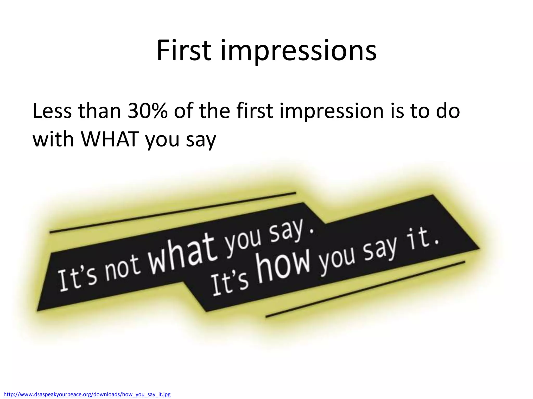 First impressions
Less than 30% of the first impression is to do
with WHAT you say

http://www.dsaspeakyourpeace.org/downloads/how_you_say_it.jpg

 