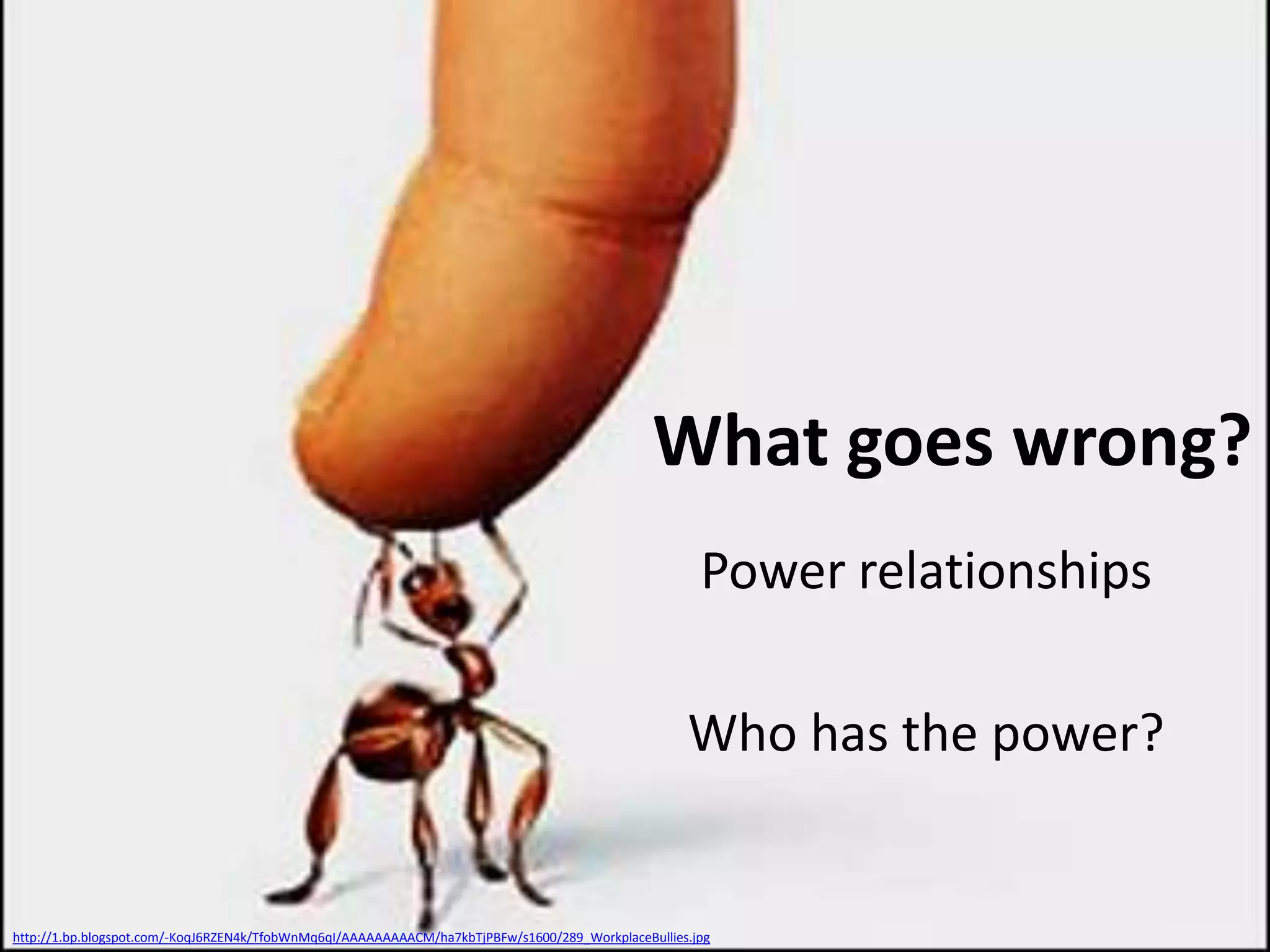 What goes wrong?
Power relationships
Who has the power?

http://1.bp.blogspot.com/-KoqJ6RZEN4k/TfobWnMq6qI/AAAAAAAAACM/ha7kbTjPBFw/s1600/289_WorkplaceBullies.jpg

 