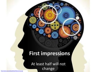 First impressions
http://www.ccrt.ch/sites/default/files/cerveau.jpg

At least half will not
change

 
