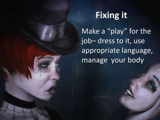 Fixing it
Make a “play” for the
job– dress to it, use
appropriate language,
manage your body

 