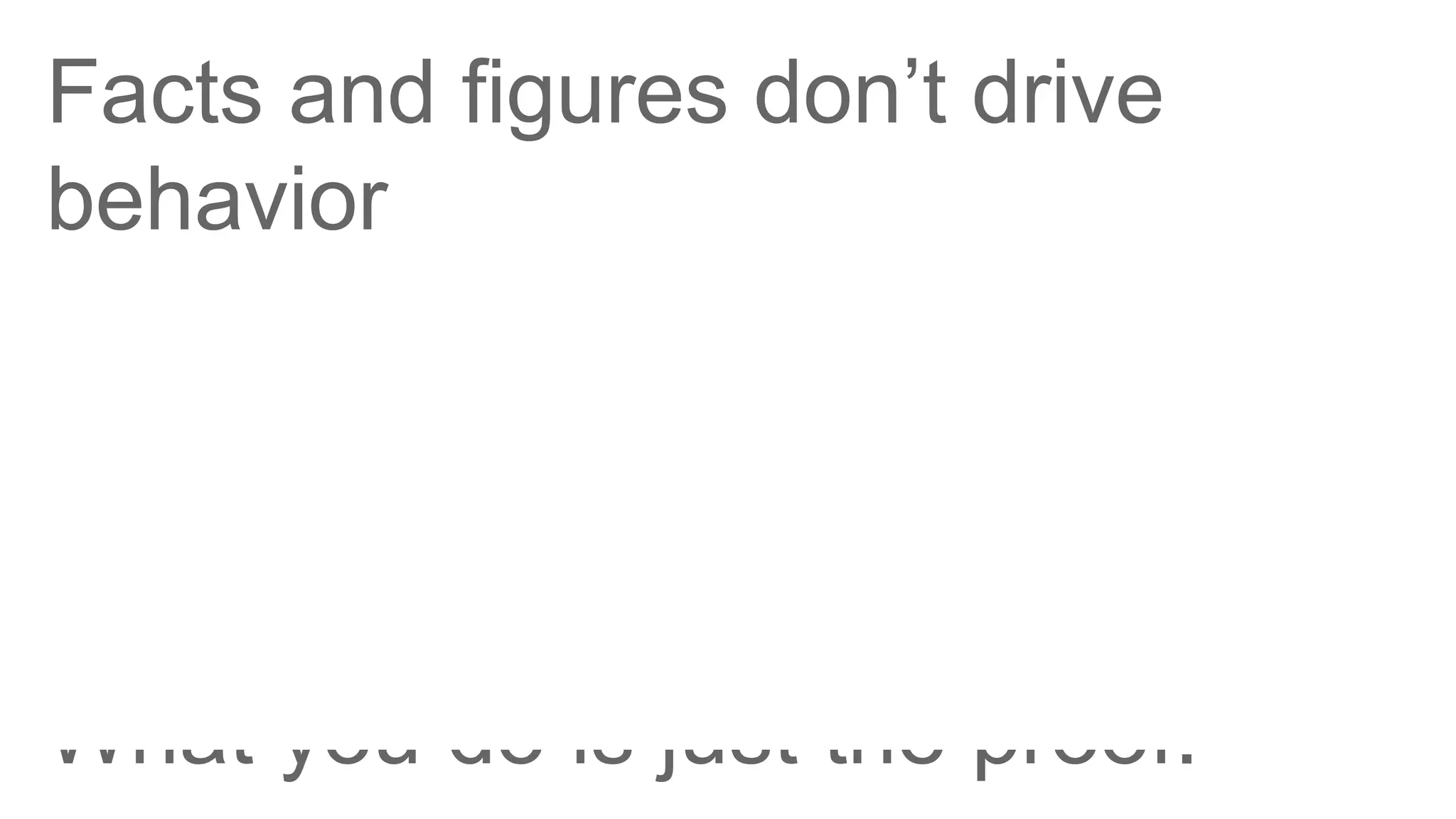 Facts and figures don’t drive
behavior
People buy WHY you do it! NOT
what or HOW!
What you do is just the proof.
 