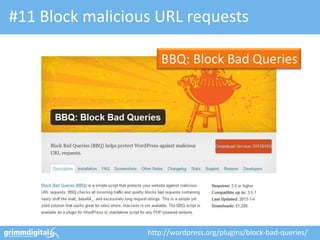 #11 Block malicious URL requests
http://wordpress.org/plugins/block-bad-queries/
BBQ: Block Bad Queries
 