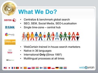 What We Do?Centralize & benchmark global searchSEO, SEM, Social Media, SEO-LocalisationSingle time-zone – central hubWebCertain trained in-house search marketersNative in 36 languagesInternational Only (Since 1997)Multilingual processes at all times